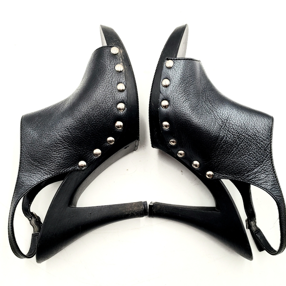 Chilis Leger Studded Peep Toe Heels Womens 9.5 Black Buckle Sling Back 4 Inch - Picture 6 of 8